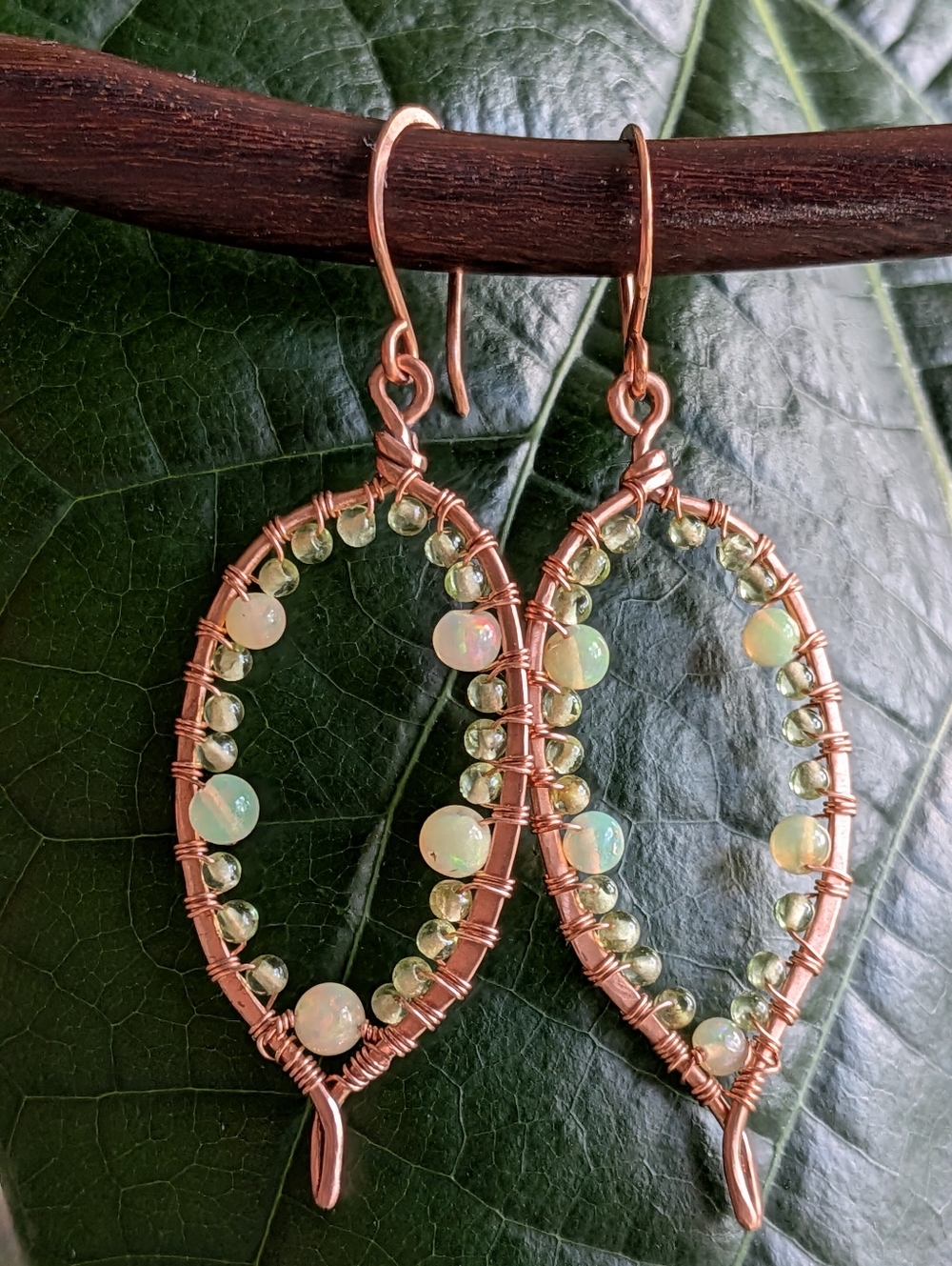 Bold Copper Hoop Earrings- Peridot and Opal Gems-Lightweight Statement Jewelry